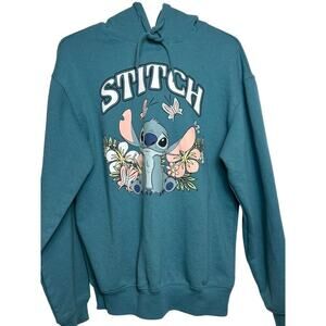 Disney Stitch Graphic Teal Hoodie Pullover With Floral Design Size Small